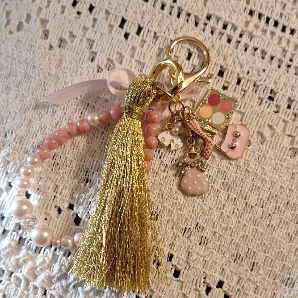 Feminine Charms Gold and Pink Beaded Keychain/Handbag Charm/Backpack Charm.